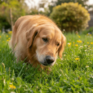Chien mangeant de l'herbe dans un jardin verdoyant