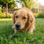 Chien en train de manger de l'herbe dans un jardin verdoyant
