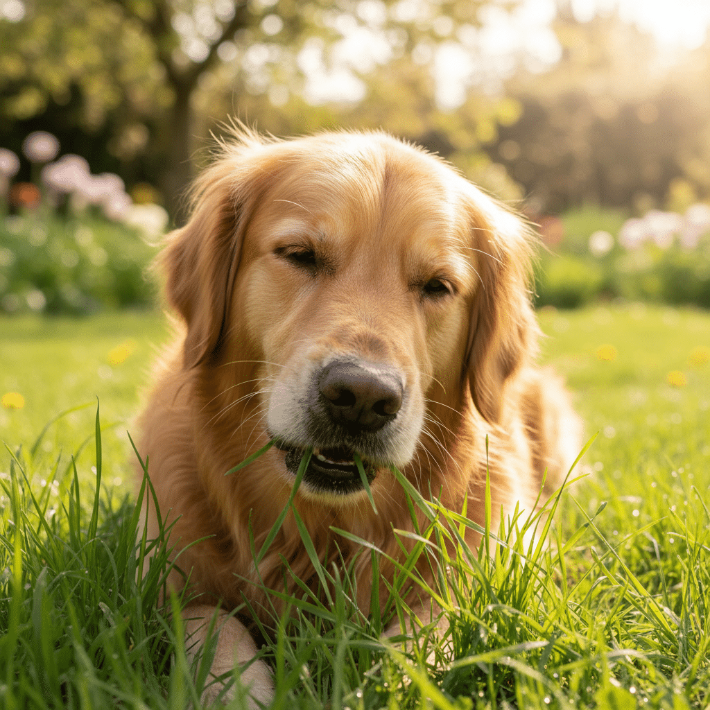 Chien mangeant de l'herbe verte dans un jardin