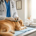 Vétérinaire retirant une tique sur un chien avec un tire-tique adapté