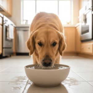 Chien buvant beaucoup d'eau dans sa gamelle, symptôme de polydipsie nécessitant un examen vétérinaire