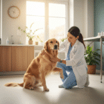 Chien boitant sur trois pattes examiné par un vétérinaire en consultation