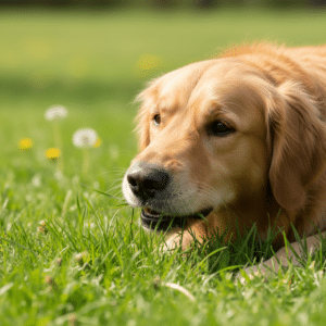 Chien mangeant de l'herbe dans un jardin, comportement naturel de pica herbivore canin