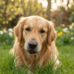 Chien mangeant de l'herbe dans un jardin, comportement canin naturel
