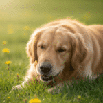 Chien mangeant de l'herbe dans un jardin, comportement canin naturel